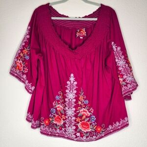 Johnny Was Pink Embroidered Long Sleeve Top